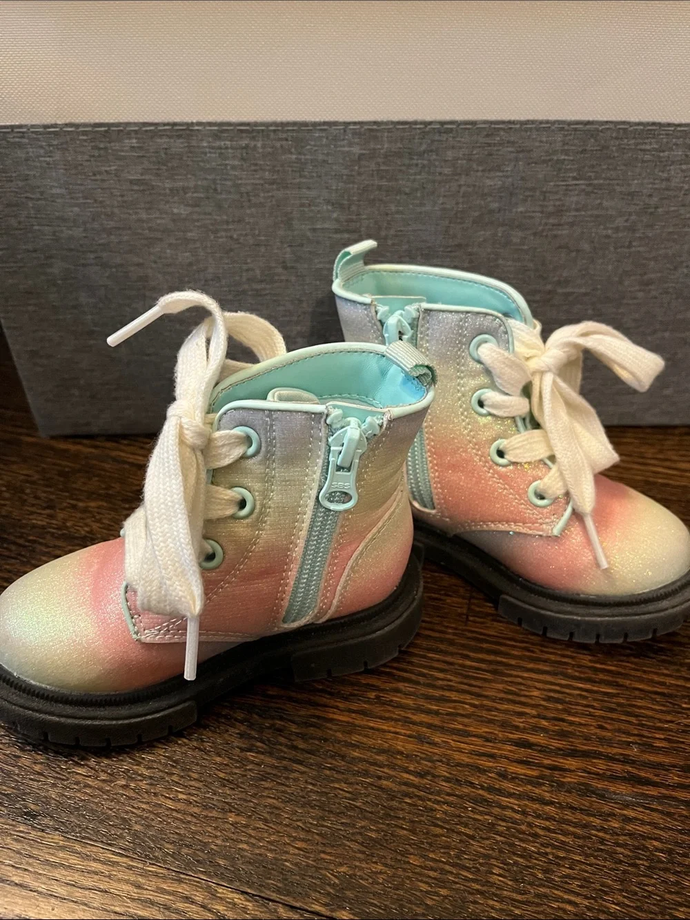 Baby size 6 Glitter Pink Boots and Pastel Rainbow Lace-Up Boots - 2 Pairs